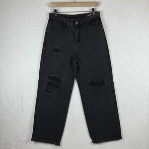 Jeans Womens Medium Black Distressed Ripped Relaxed Straight Denim Pants‎